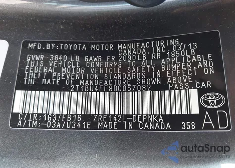 2013 Toyota Corolla Le from USA, damaged, VIN 2T1BU4EE8DC057082
